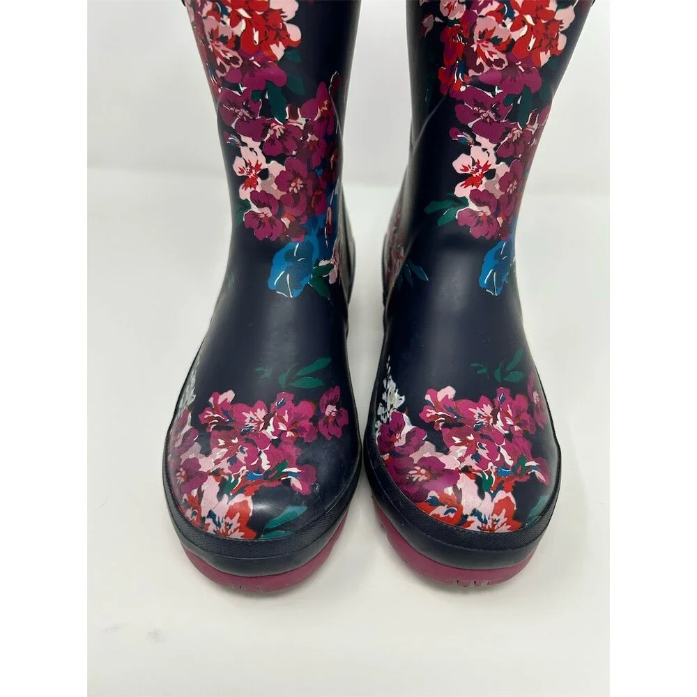 Joules Molly Welly Rain Boots Womens Mid-Calf Navy Floral Buckle Size 7